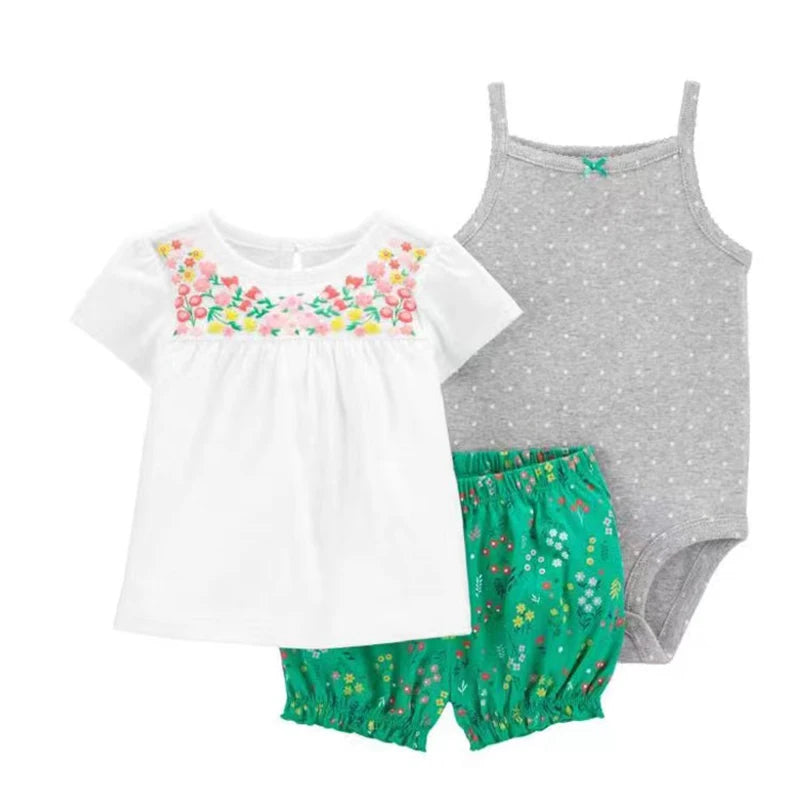 Summer Baby Girls Clothes Set Cotton Flower Fashion Infant Outfits Short Sleeved