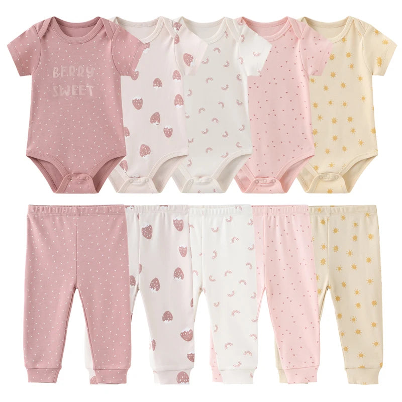 Unisex 6/9/10Pieces Cotton New Born Bodysuits+Pants Baby Girl Clothes Sets