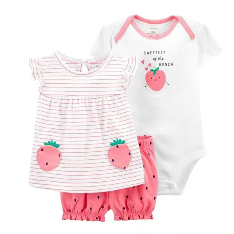 Summer Baby Girls Clothes Set Cotton Flower Fashion Infant Outfits Short Sleeved