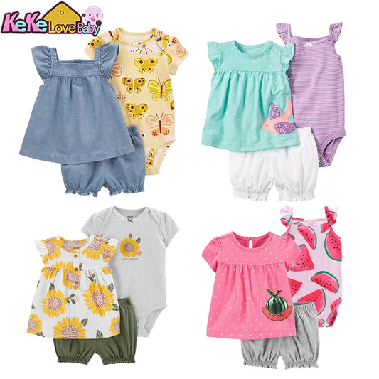 Summer Baby Girls Clothes Set Cotton Flower Fashion Infant Outfits Short Sleeved