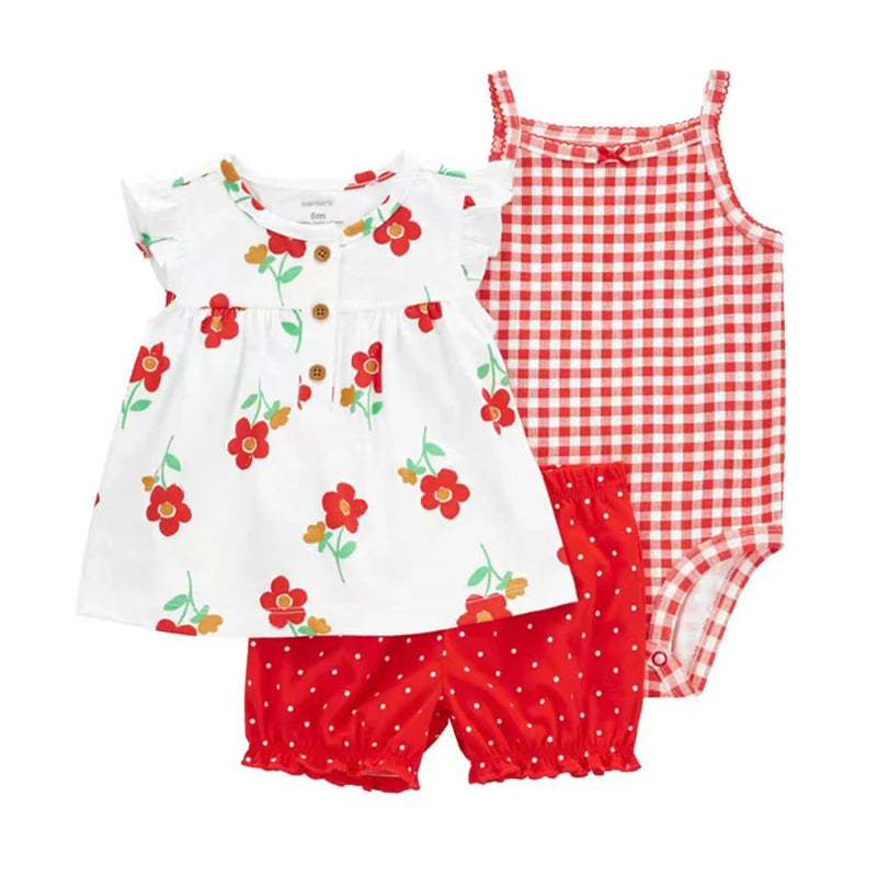 Summer Baby Girls Clothes Set Cotton Flower Fashion Infant Outfits Short Sleeved